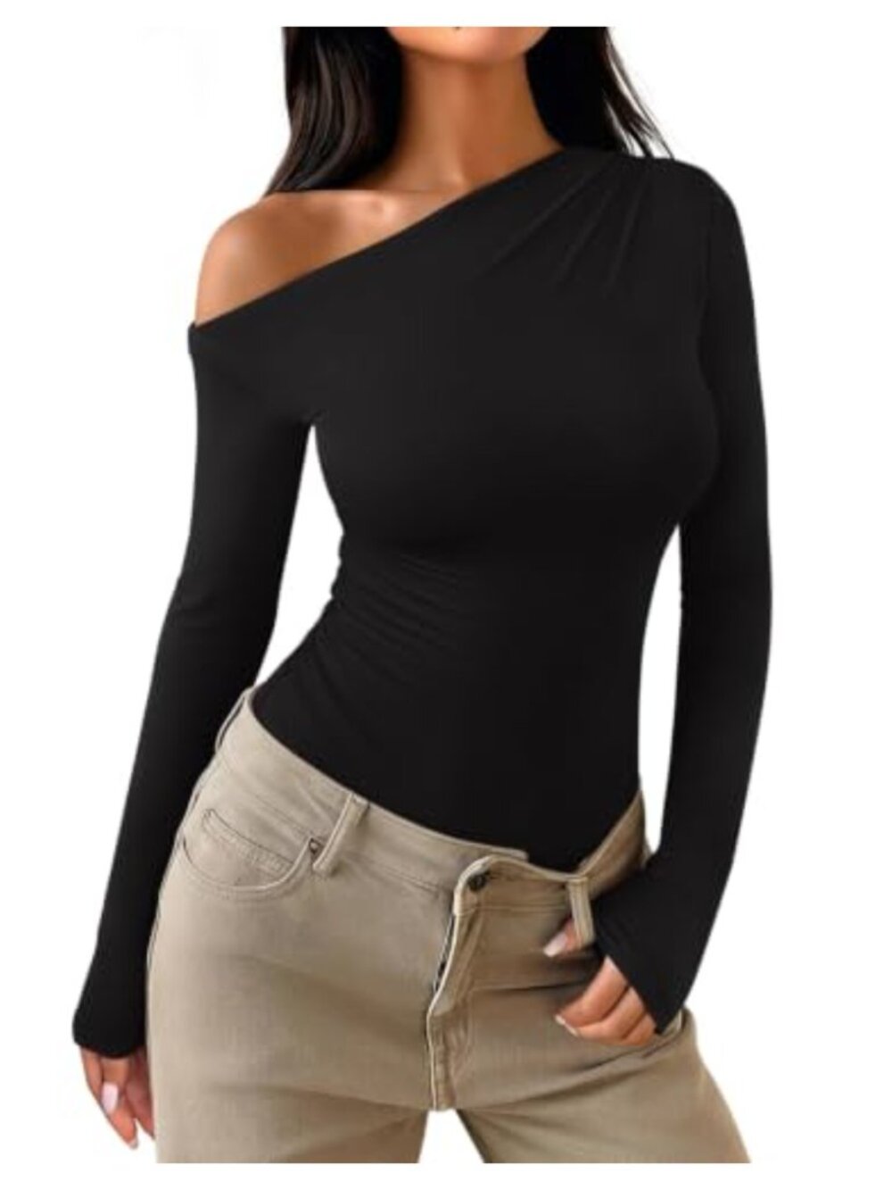 Off Shoulder Long Sleeve Ruched Bodysuit Snap Closure Slim Fit